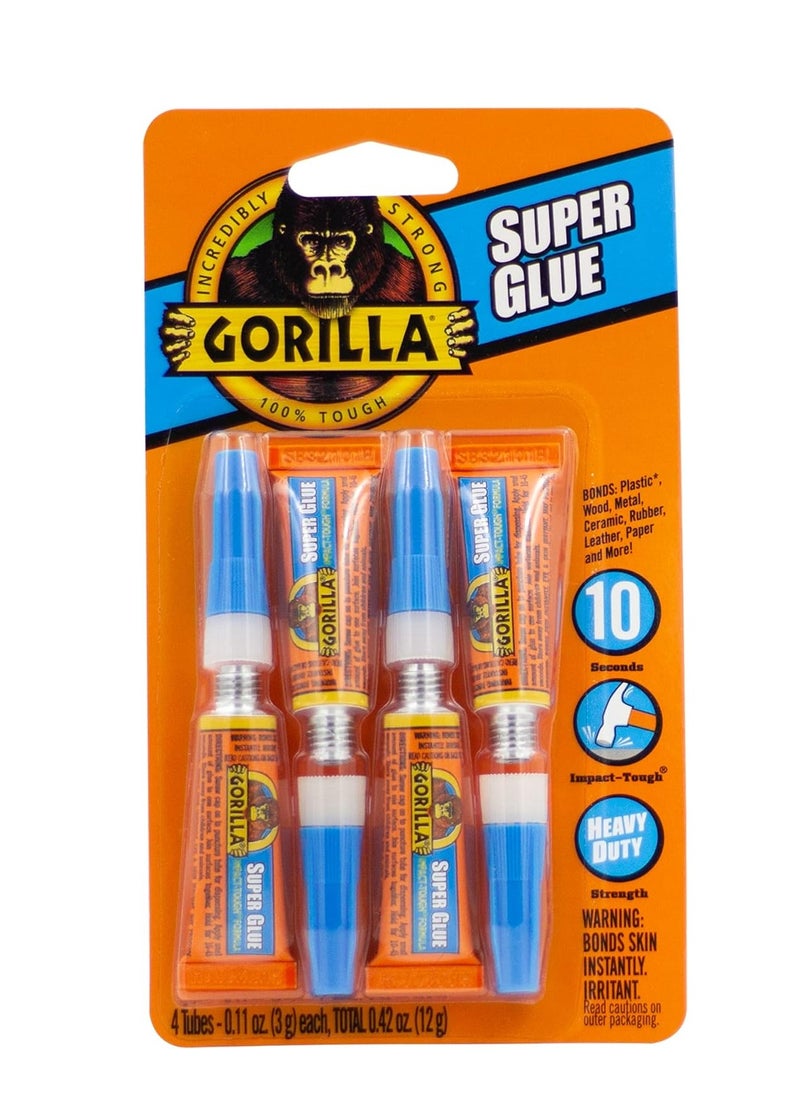Gorilla Gorilla Super Glue, Four 3 Gram Tubes, Clear, (Pack of 1)  - Image 1
