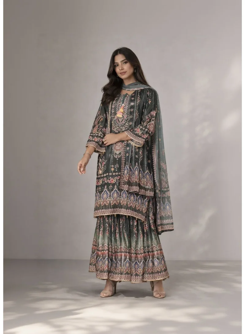 zaha dxb Royal Green Silk Blend Sharara Set | Women’s Ethnic Wear