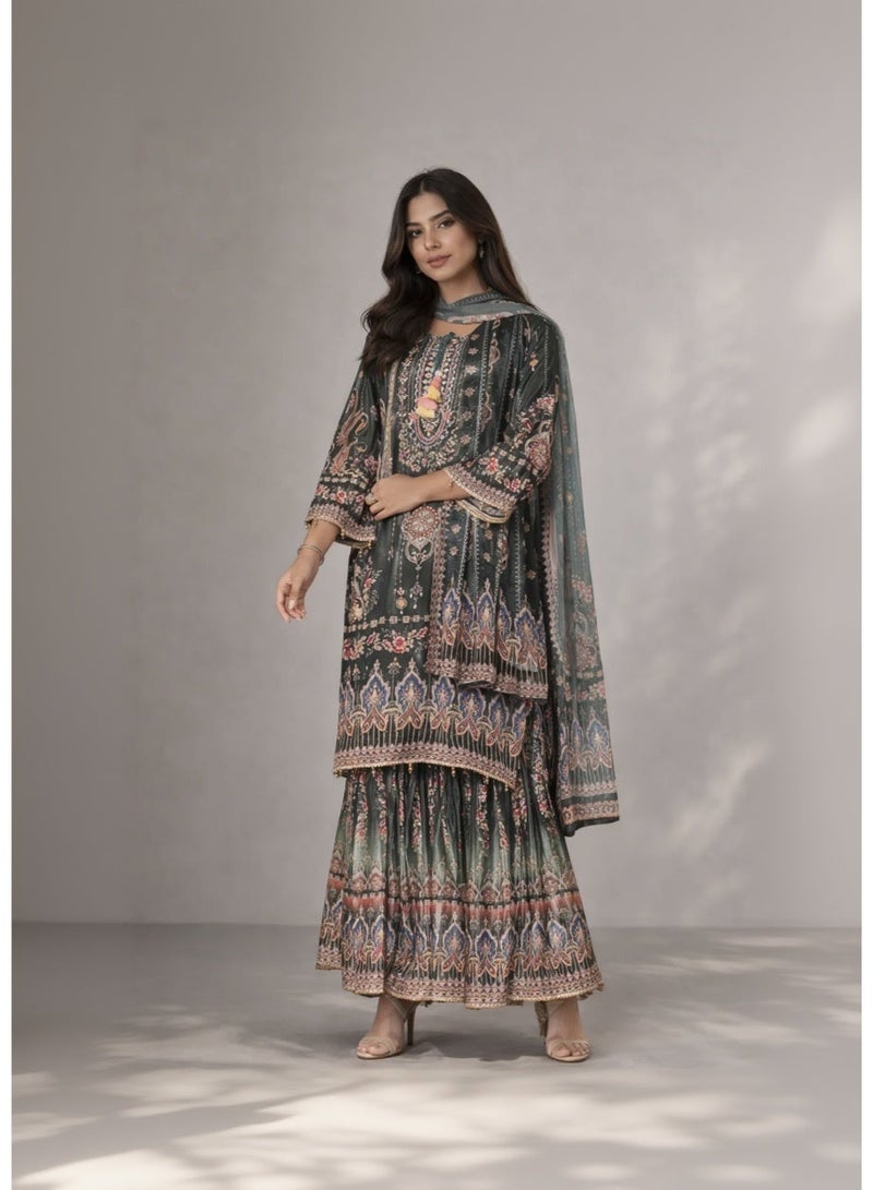 zaha dxb Royal Green Silk Blend Sharara Set | Women’s Ethnic Wear - Image 1