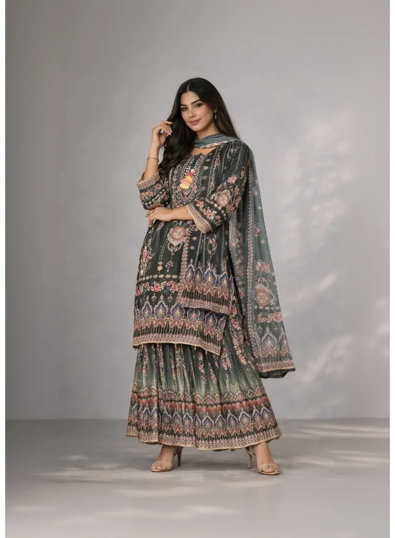 zaha dxb Royal Green Silk Blend Sharara Set | Women’s Ethnic Wear