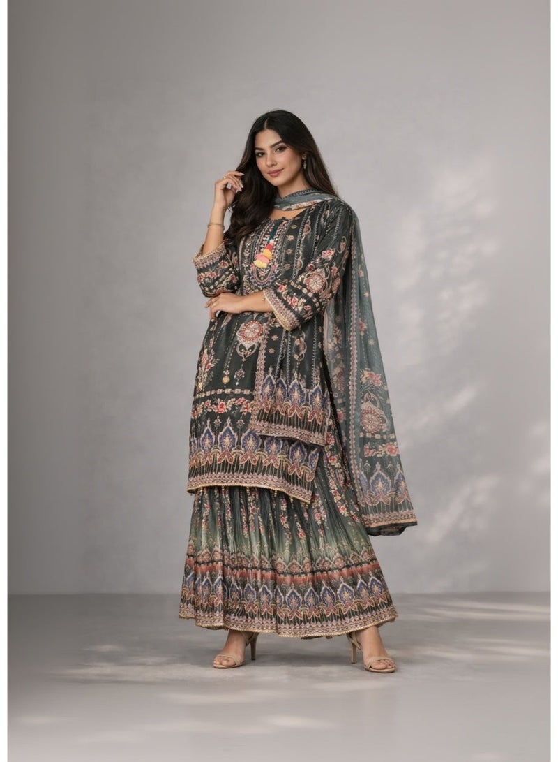 zaha dxb Royal Green Silk Blend Sharara Set | Women’s Ethnic Wear - Image 2
