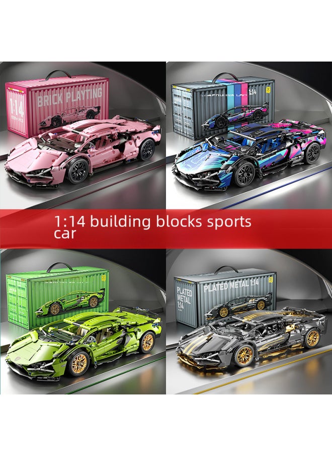 Puzzle Building Block Toy Compatible With Lego Lambo Green Cow Kini Sports Car Model Boy Racing Car Remote Control Car 1:14-Color:66608+power Set+acrylic Frame  - Image 2