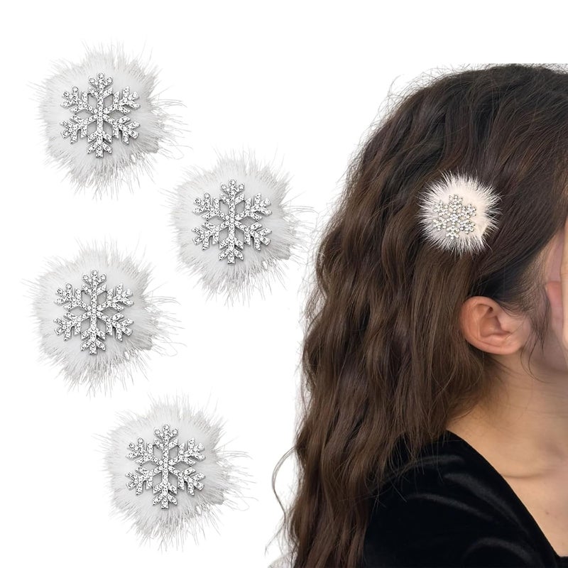 4 Pcs Plush Snowflake Hair Clip White Christmas Hair Accessories Snow Flake Rhinestone Princess Hairpin for Women Girls Winter Hair Decoration