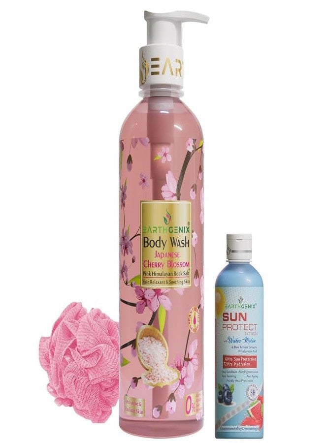 Japanese Cherry Blossom Body Wash with Free Loofah & Sun Protect Blue Berries Body Lotion (300ml +100ml) - Image 1