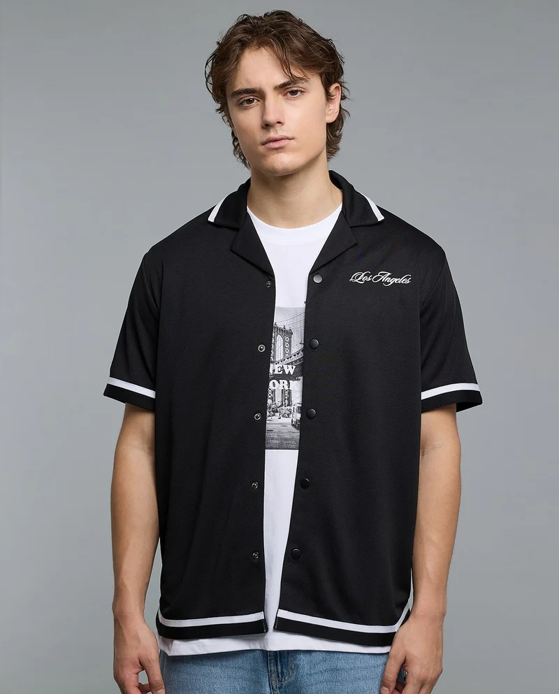 R&B Printed Shirt with Revere Collar and Short Sleeves
