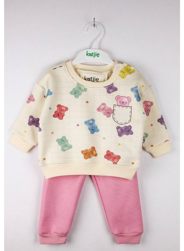 كاتجي طقم سويت شيرت وبنطال مطبوع عليه دببة جيلاتينية ملونة للأطفال، ملابس نوم قطنية - Image 1