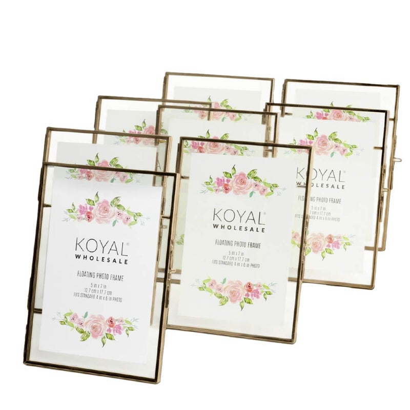 Koyal Wholesale Pressed Glass Floating Photo Frames 5 x 7 Frame Antique Gold 8Pack Use Horizontal or Vertical