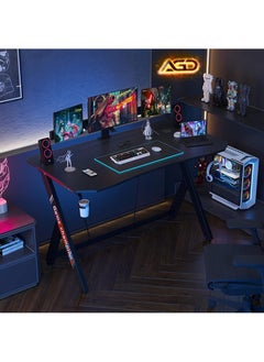 AGD Gaming Desk Table 120cm, PC, Office, Home, Workspace Desk with Carbon Fiber Top, Headphone Stand and Cup Holder - Black  - Image 1