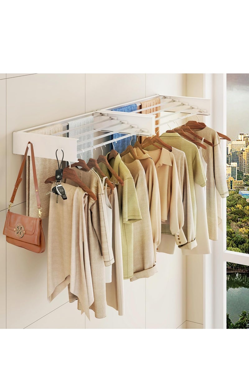 Aurrako 80cm/32'' Clothes Drying Stand Rack Foldable Wall Mount Laundry Rack Folding Indoor with 4 Towel Hooks and 4 Rods, laundry drying rack Space Saving for Indoor Outdoor Bathroom - Image 4