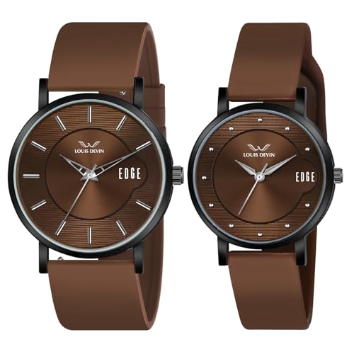 LOUIS DEVIN Brown Silicone Strap Analog Wrist Watch for Men and Women (Brown Dial) | Set of 2 Wrist Watches | Couple Watches | LDCM-BK092-BRWN - Image 1