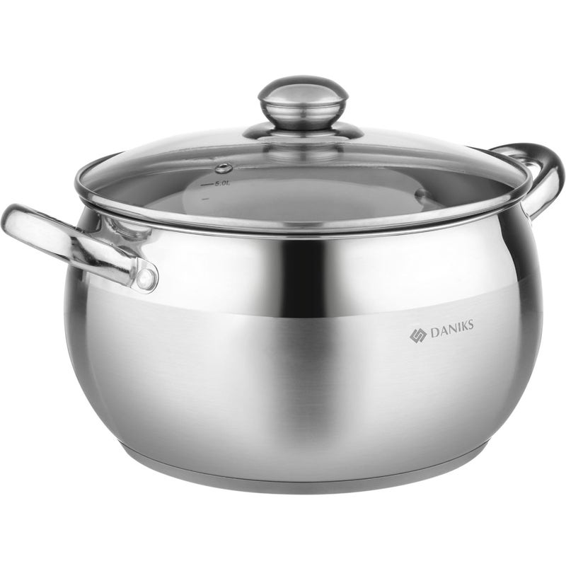 Daniks Classic Stainless Steel Stock Pot with Glass Lid  Induction 6 Quart Dishwasher Safe Measuring Scale For Soup Pasta Stew Silver