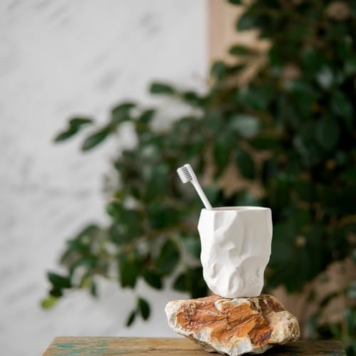 ABBI NIMO Hand-Sculpted Stone-Look Ceramic Toothbrush Holder, Matte White Tumbler for Bathroom Countertop, Natural Pen Holder or Makeup Brush Organizer - Image 5