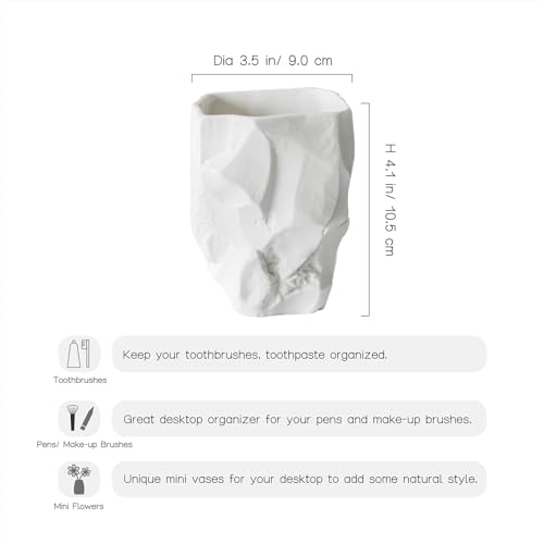 ABBI NIMO Hand-Sculpted Stone-Look Ceramic Toothbrush Holder, Matte White Tumbler for Bathroom Countertop, Natural Pen Holder or Makeup Brush Organizer - Image 4