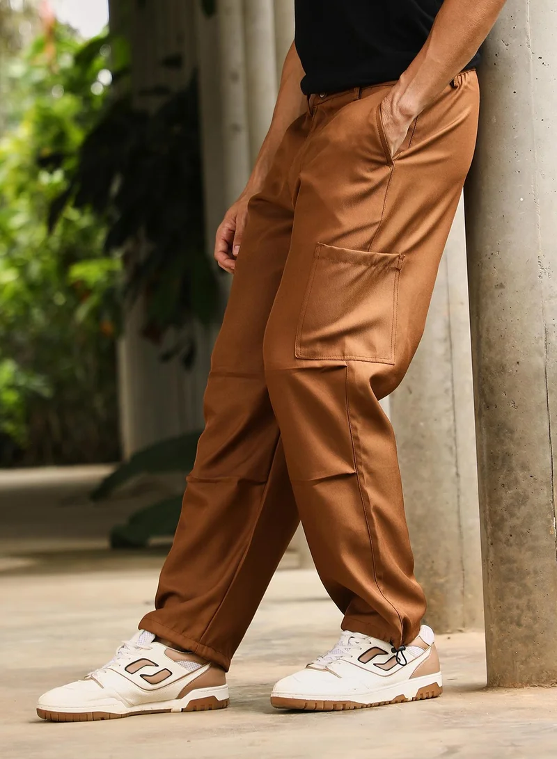 CAHOOT  Men Parachute Chino Trousers | Mid-Rise, Side-Elasticaed Stretch | Button , Straight Hem | Solid Twill | Woven Fabric For Casual & Street Wear | Russet Brown for Men | Best Price UAE