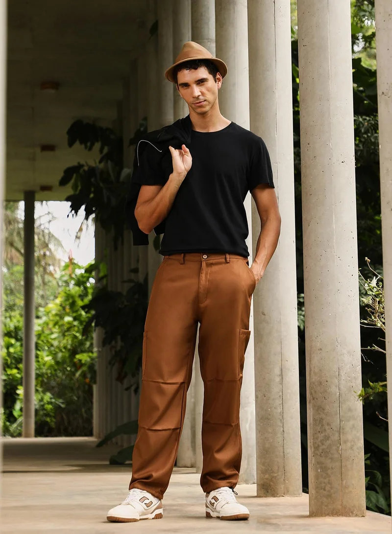 CAHOOT  Men Parachute Chino Trousers | Mid-Rise, Side-Elasticaed Stretch | Button , Straight Hem | Solid Twill | Woven Fabric For Casual & Street Wear | Russet Brown for Men | Best Price UAE