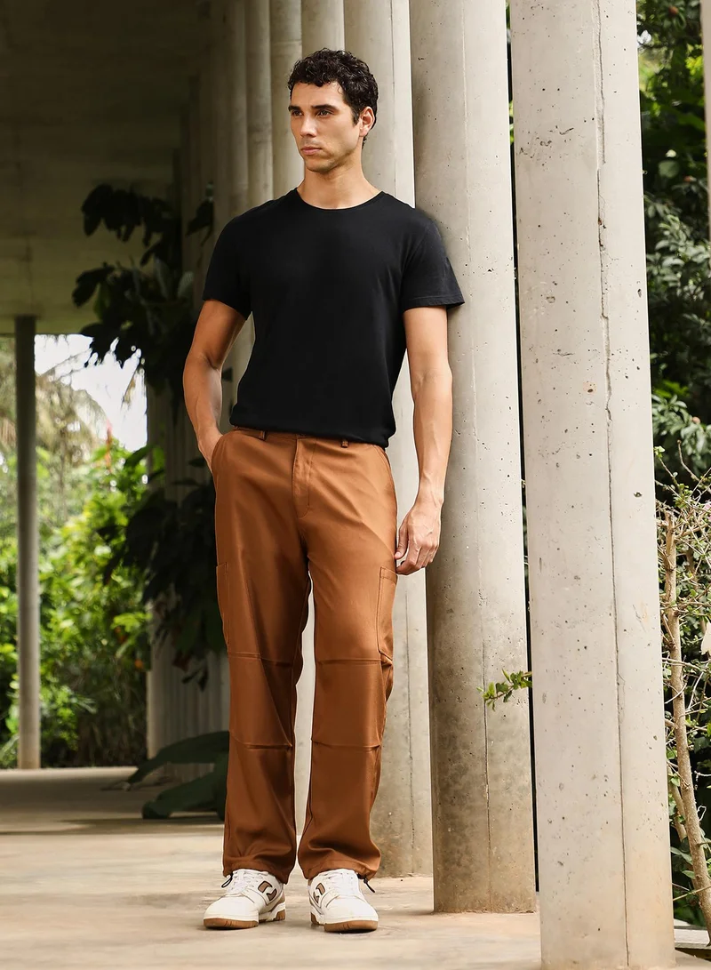 CAHOOT  Men Parachute Chino Trousers | Mid-Rise, Side-Elasticaed Stretch | Button , Straight Hem | Solid Twill | Woven Fabric For Casual & Street Wear | Russet Brown for Men | Best Price UAE