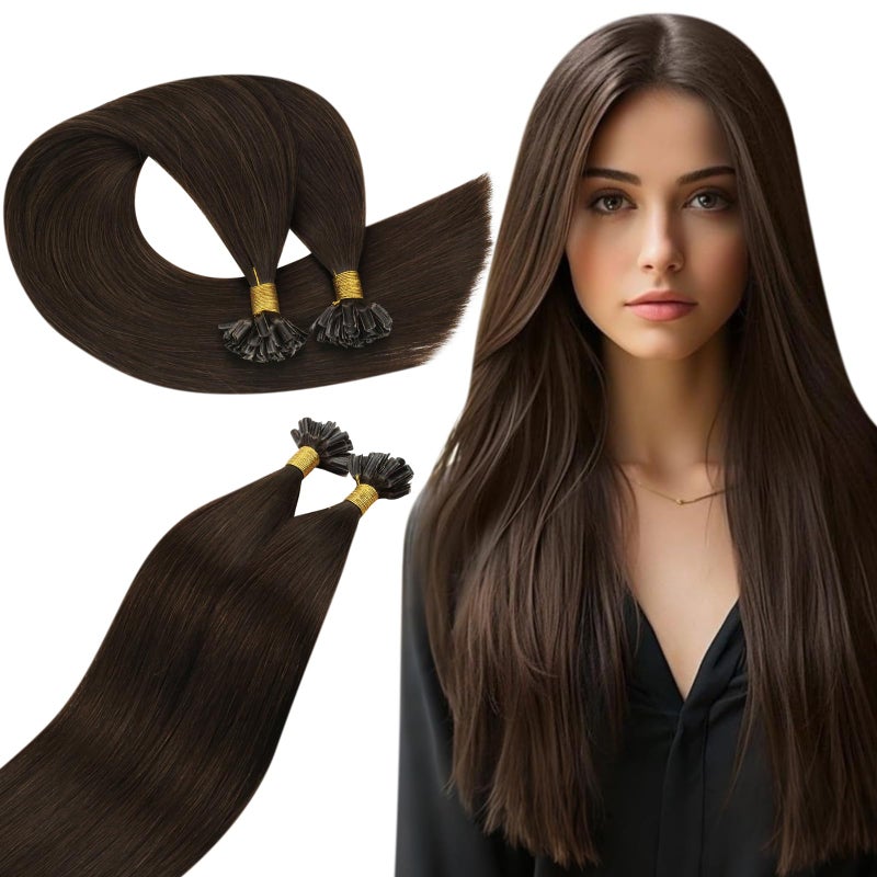 Ugeat Chocolate Brown K Tips Hair Extensions Human Hair to Add Length for Taking Photos 22 Inch U Tip Extensions Remy Human Straight Brown Keratin Tip 4 50G 50S
