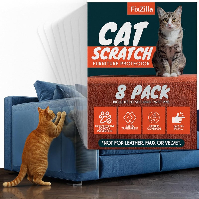 FixZilla Anti Cat Scratch Furniture Protector, 8-Pack Couch Protector from Cat Claws – Heavy-Duty, Easy-to-Apply Scratching Deterrent and Shield for Sofa Corners, Walls, and Doors- with 50 Twist Pins - Image 1