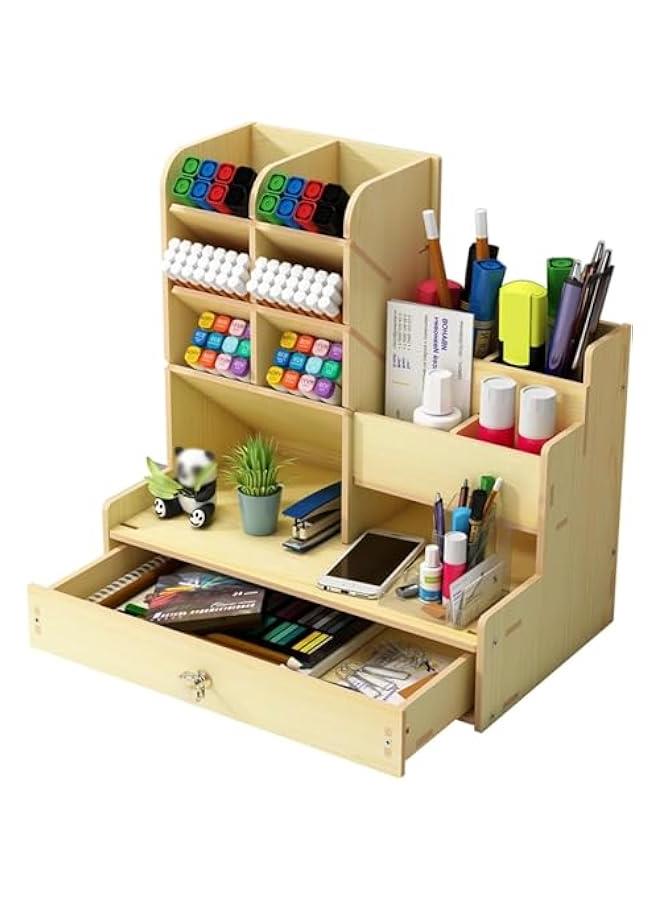 هوكور منظم مكتب خشبي من هوكور، منظم مكتب مع درج، حامل اقلام للمكتب متعدد الوظائف، حامل اقلام للمكتب والمنزل والمدرسة (ابيض) - Image 1