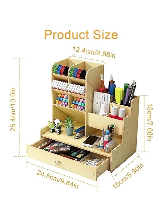 هوكور منظم مكتب خشبي من هوكور، منظم مكتب مع درج، حامل اقلام للمكتب متعدد الوظائف، حامل اقلام للمكتب والمنزل والمدرسة (ابيض) - Image 2