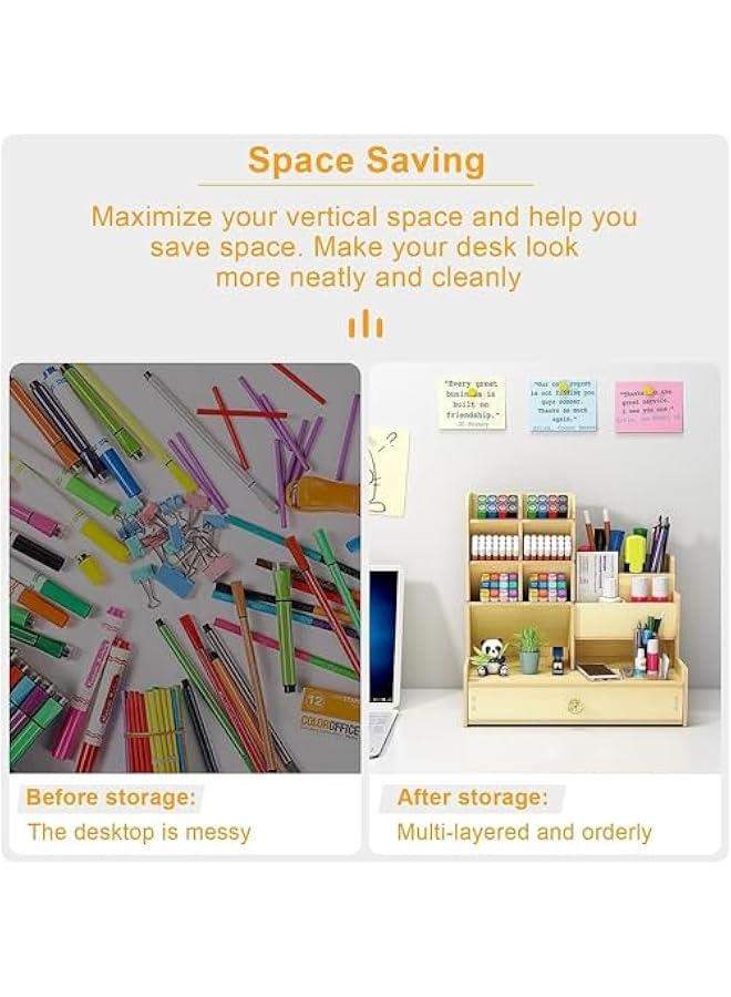 هوكور منظم مكتب خشبي من هوكور، منظم مكتب مع درج، حامل اقلام للمكتب متعدد الوظائف، حامل اقلام للمكتب والمنزل والمدرسة (ابيض) - Image 4