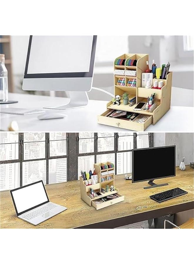 هوكور منظم مكتب خشبي من هوكور، منظم مكتب مع درج، حامل اقلام للمكتب متعدد الوظائف، حامل اقلام للمكتب والمنزل والمدرسة (ابيض) - Image 5