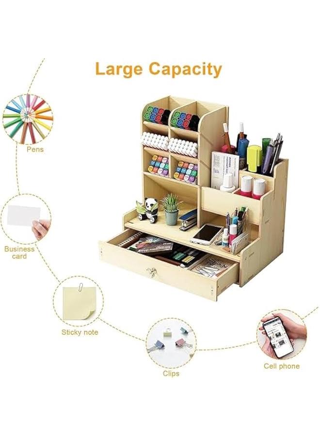 هوكور منظم مكتب خشبي من هوكور، منظم مكتب مع درج، حامل اقلام للمكتب متعدد الوظائف، حامل اقلام للمكتب والمنزل والمدرسة (ابيض) - Image 3
