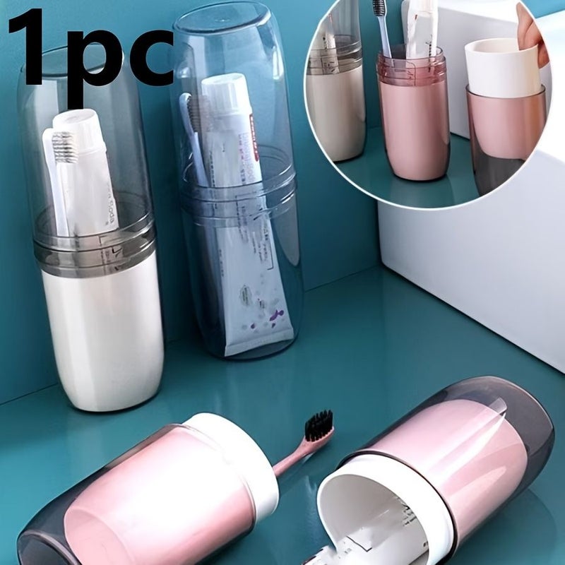 Pink Travel Toothbrush Storage Box Portable Wash Rinse Cup Dual Use Set - Image 1