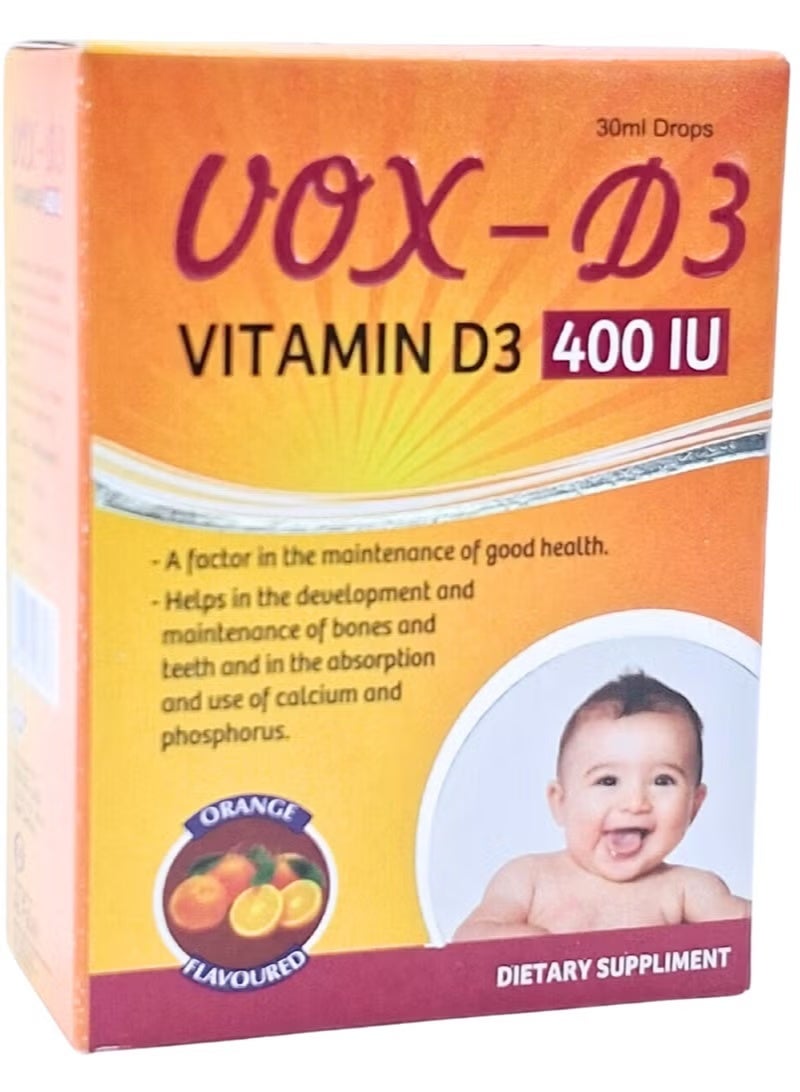 Vox-D3 Vitamin D3 Drops 400 IU 30ml – Orange Flavoured Dietary Supplement - Image 1
