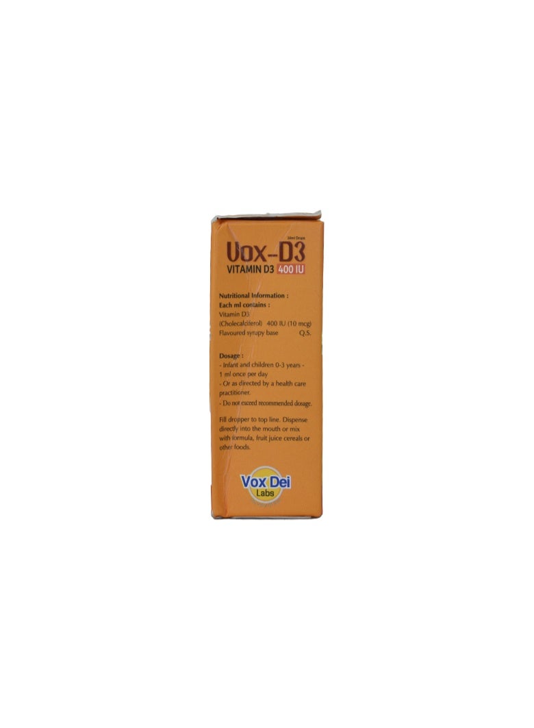Vox-D3 Vitamin D3 Drops 400 IU 30ml – Orange Flavoured Dietary Supplement - Image 2