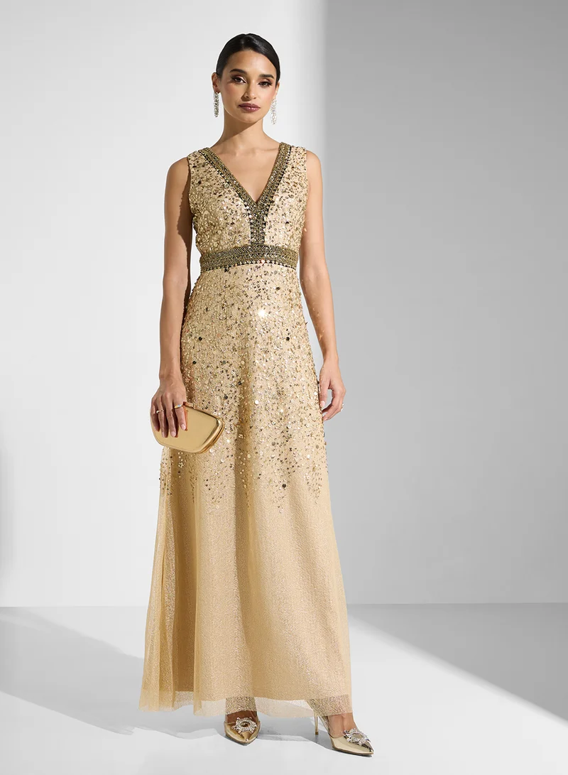 ادريانا بابيل Bead Metallic Long Dress