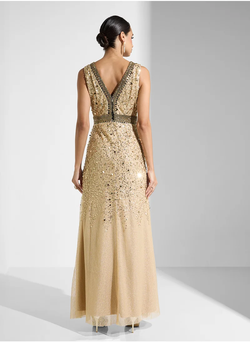 Adrianna Papell Bead Metallic Long Dress