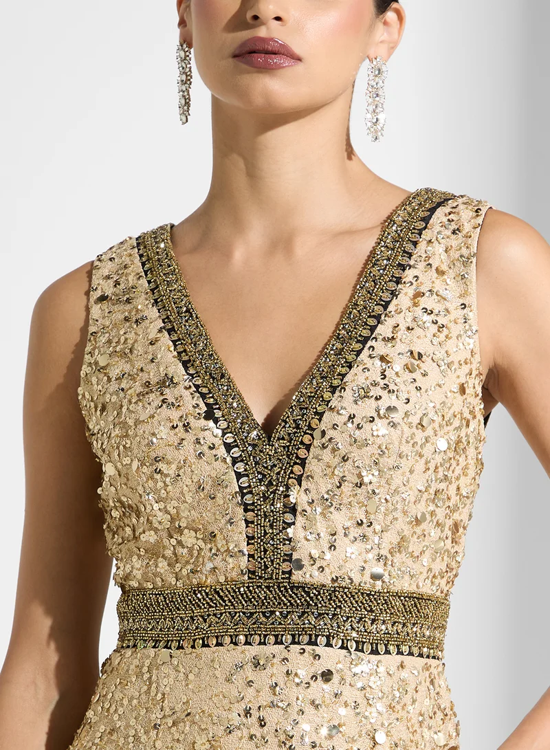 ادريانا بابيل Bead Metallic Long Dress