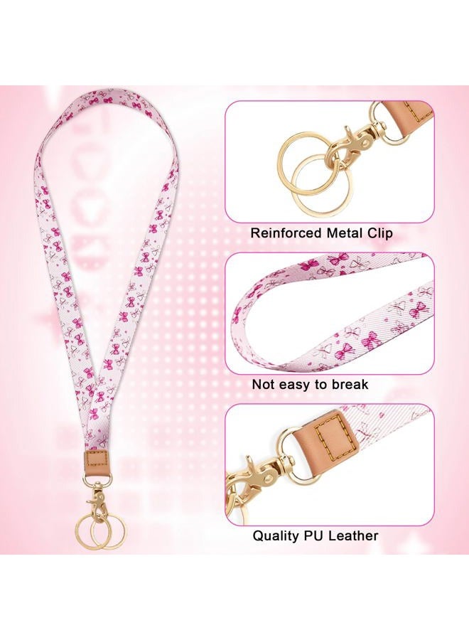 Jusen Badge Lanyard for Keys,Long Neck Strap with Metal Hook for ID Badges,Cute Keychain Lanyard for Women Men (Pink and White Bow) - Image 3