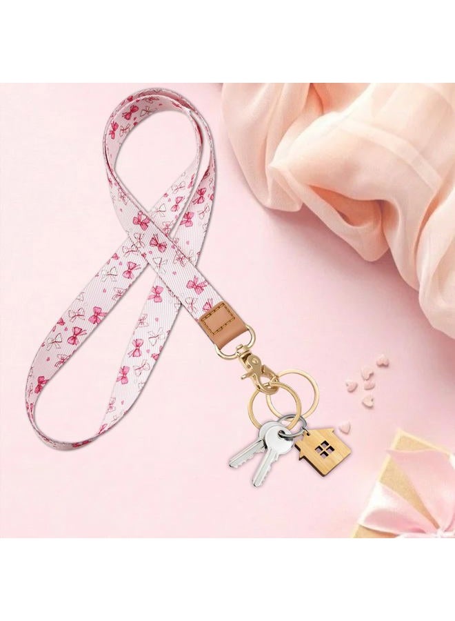 Jusen Badge Lanyard for Keys,Long Neck Strap with Metal Hook for ID Badges,Cute Keychain Lanyard for Women Men (Pink and White Bow) - Image 2