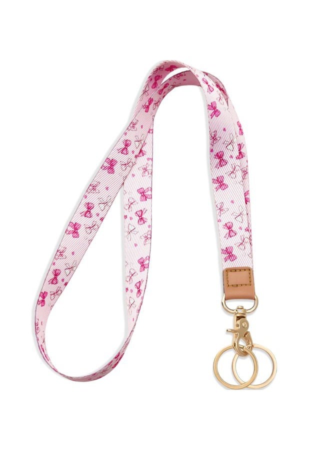 Jusen Badge Lanyard for Keys,Long Neck Strap with Metal Hook for ID Badges,Cute Keychain Lanyard for Women Men (Pink and White Bow) - Image 1