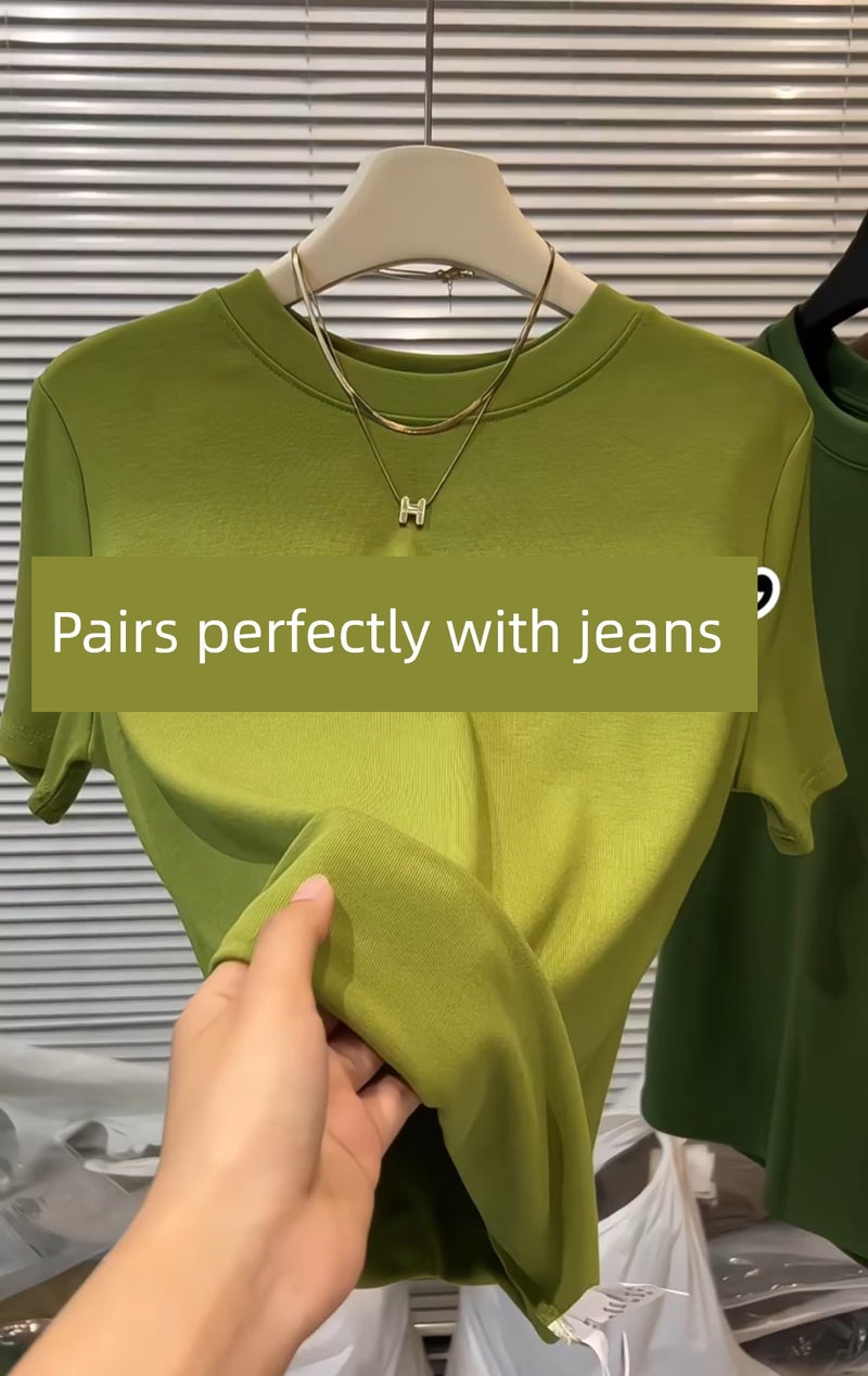 High-end yellow shoulder short-sleeved t-shirt, women's summer temperament, versatile fashion T-shirt, slimming round neck base top - Image 3