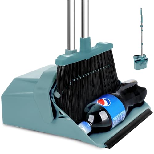 Tiumso Upgrade Broom and Dustpan Set, Broom with Dustpan Combo Sets, Large Brooms and Dust Pan with Handle, Self-Cleaning Dust Pans, Heavy Duty Broom and Dustpans Set for Lobby Kitchen Office - Green - Image 1