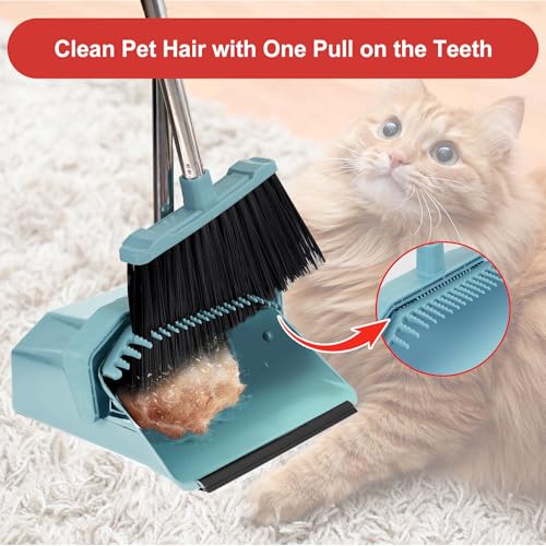 Tiumso Upgrade Broom and Dustpan Set, Broom with Dustpan Combo Sets, Large Brooms and Dust Pan with Handle, Self-Cleaning Dust Pans, Heavy Duty Broom and Dustpans Set for Lobby Kitchen Office - Green - Image 3