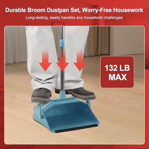Tiumso Upgrade Broom and Dustpan Set, Broom with Dustpan Combo Sets, Large Brooms and Dust Pan with Handle, Self-Cleaning Dust Pans, Heavy Duty Broom and Dustpans Set for Lobby Kitchen Office - Green - Image 2