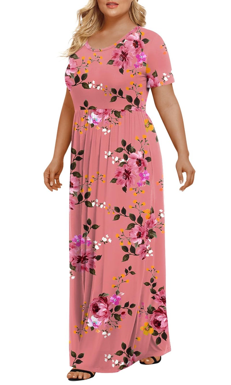 LONGYUAN Women's Plus Size Maxi Dresses for Curvy Women Summer Short Sleeve Casual 2026 Long Dress Molasses Red 3XL - Image 2