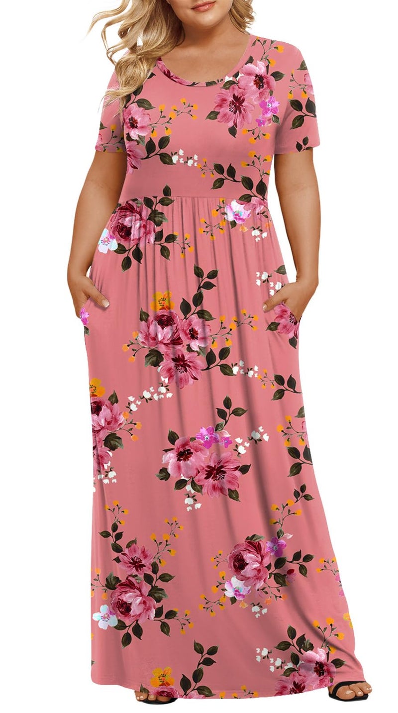 LONGYUAN Women's Plus Size Maxi Dresses for Curvy Women Summer Short Sleeve Casual 2026 Long Dress Molasses Red 3XL - Image 1