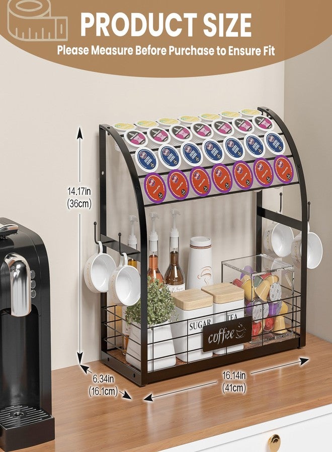 Greatseas Coffee Station Organizer for Countertop, Metal K Cup Holder with 4 Coffee Mug Rack Hooks, Wooden Coffee Pods Storage Basket for Counter, K Cup Organizer Coffee Bar Accessories - Black - Image 4