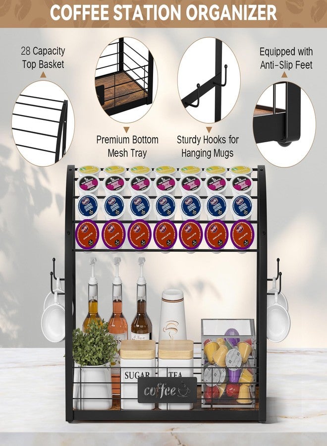 Greatseas Coffee Station Organizer for Countertop, Metal K Cup Holder with 4 Coffee Mug Rack Hooks, Wooden Coffee Pods Storage Basket for Counter, K Cup Organizer Coffee Bar Accessories - Black - Image 5