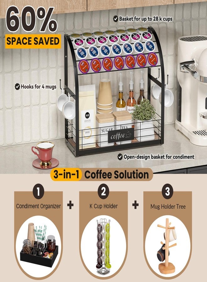 Greatseas Coffee Station Organizer for Countertop, Metal K Cup Holder with 4 Coffee Mug Rack Hooks, Wooden Coffee Pods Storage Basket for Counter, K Cup Organizer Coffee Bar Accessories - Black - Image 2