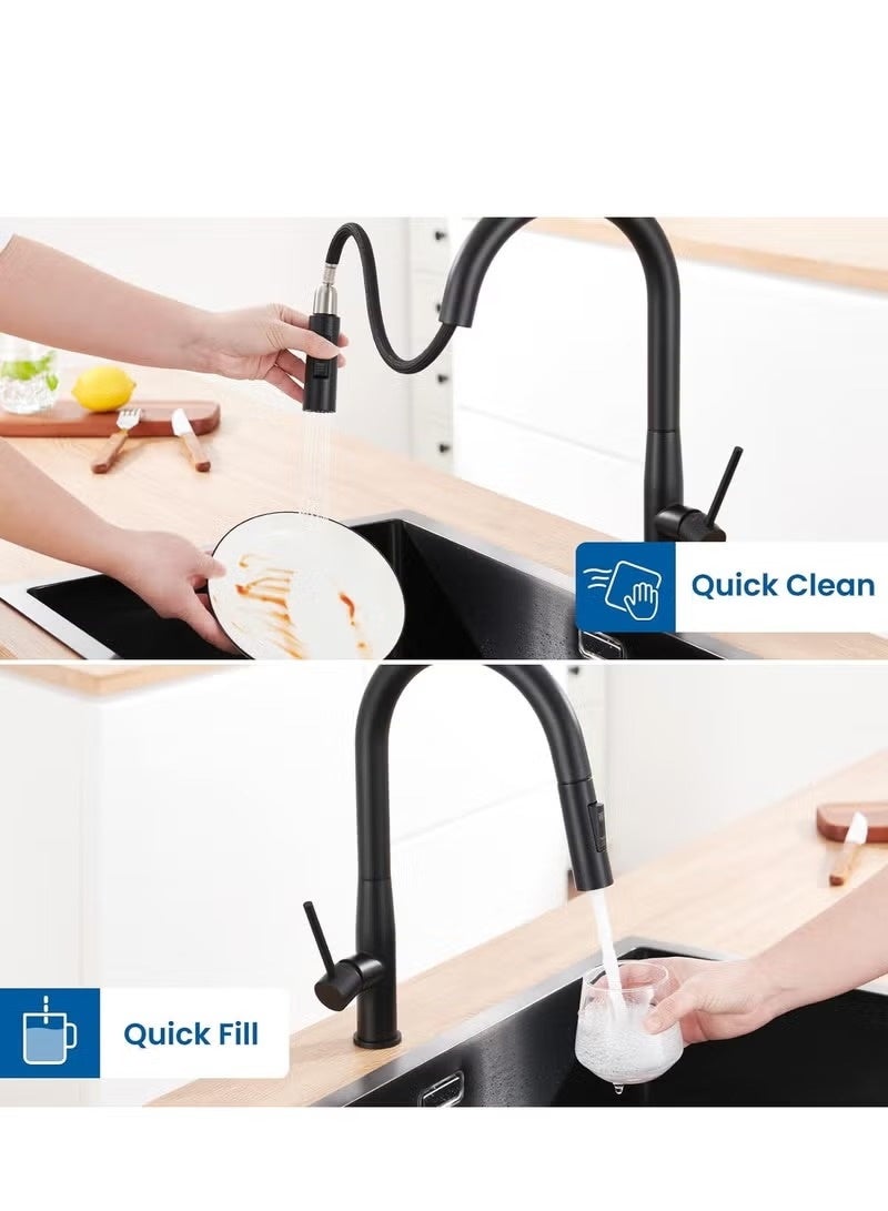 المفتاحة صنبور مطبخ فاخر قابل للسحب - خلاط حوض مطبخ من الفولاذ المقاوم للصدأ الأسود غير اللامع مع بخاخ مزدوج، دوران 360 درجة، وتحكم بمقبض واحد - Image 4