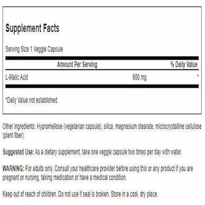 Swanson Malic Acid - Natural Supplement Promoting Cellular Energy Production - Supplement Formula to Help Nourish & Energizes Muscles - (100 Veggie Capsules, 600mg Each) - Image 2