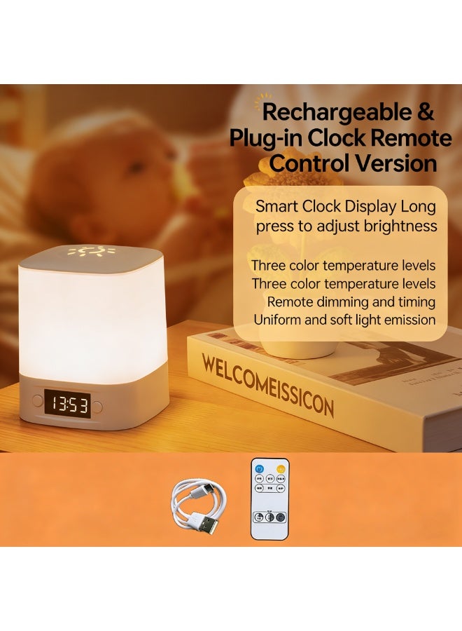 Rechargeable Remote-Controlled Full-Spectrum Eye-Protection Clock Night Light, 3-Color Temperature Dimmable Baby Nursery Lamp - Image 1