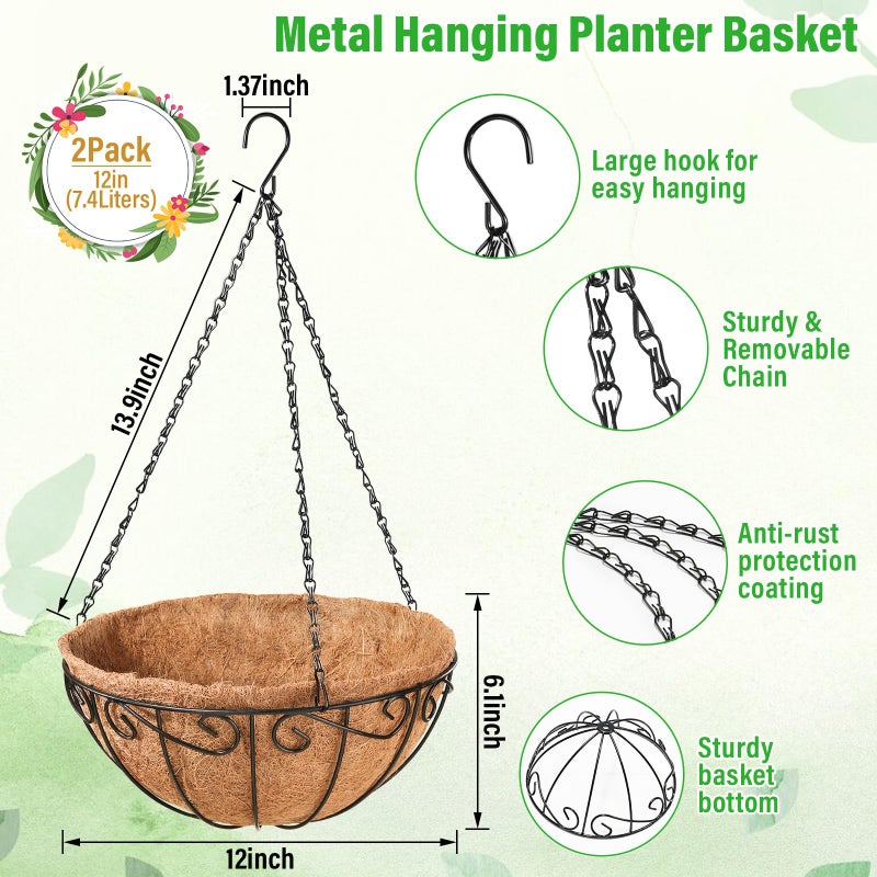 Legigo 2 Pack 12 Inch Metal Hanging Baskets for Plants Outdoor- Round Wire Hanging Planters Basket with Coconut Coir Liner, Hanging Flower Pot for Outdoor Plants Flowers Garden Decorations - Image 2