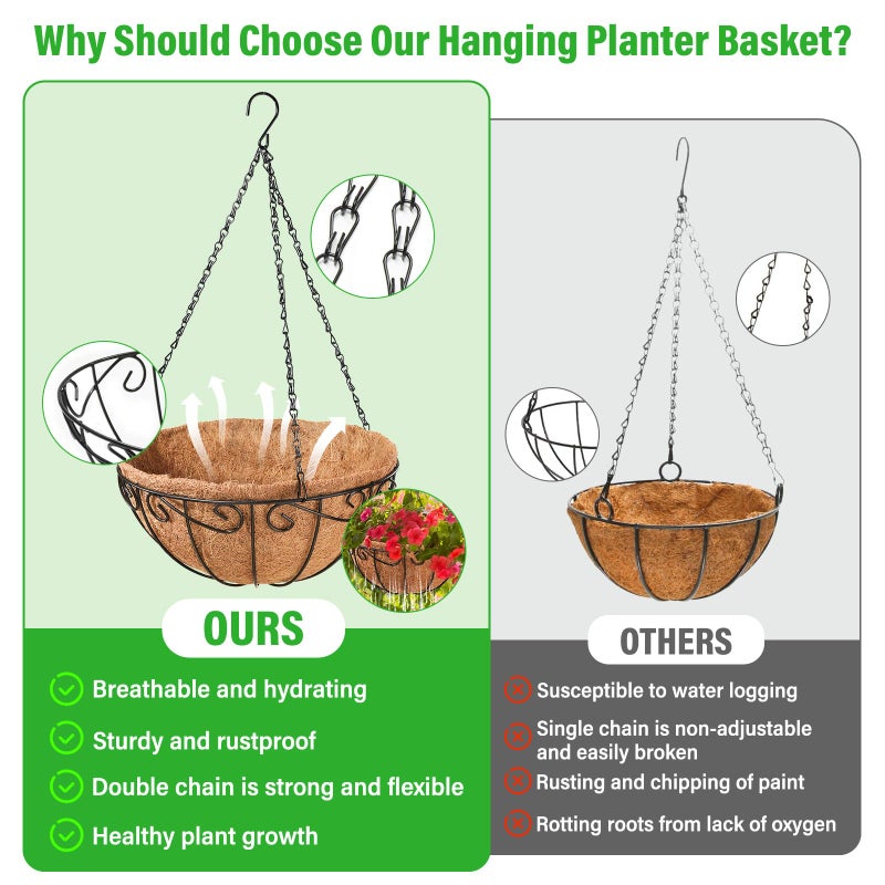 Legigo 2 Pack 12 Inch Metal Hanging Baskets for Plants Outdoor- Round Wire Hanging Planters Basket with Coconut Coir Liner, Hanging Flower Pot for Outdoor Plants Flowers Garden Decorations - Image 4